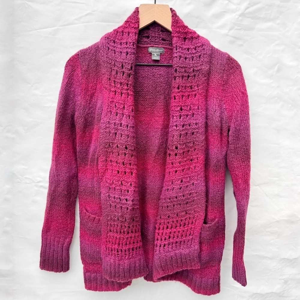 Eddie Bauer // pink, purple ombré dyed sweater cardigan size small aug1